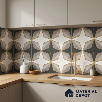 Modern kitchen with geometric star patterned backsplash tile and light wood countertop