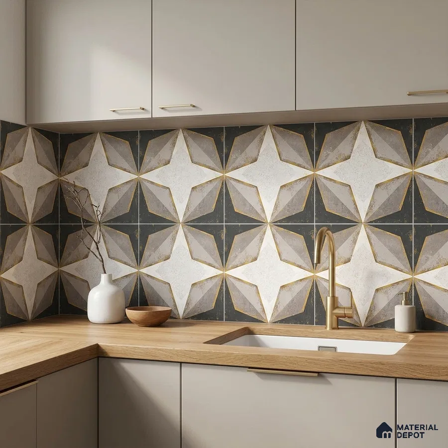 Modern kitchen with geometric star patterned backsplash tile and light wood countertop