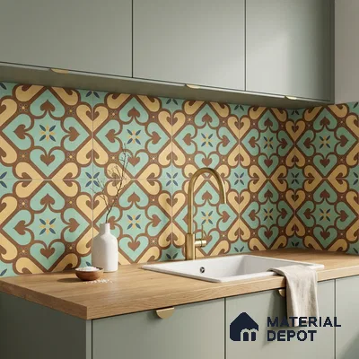 Modern kitchen with sage green laminate cabinets, oak wood countertop, and patterned moroccan backsplash tiles