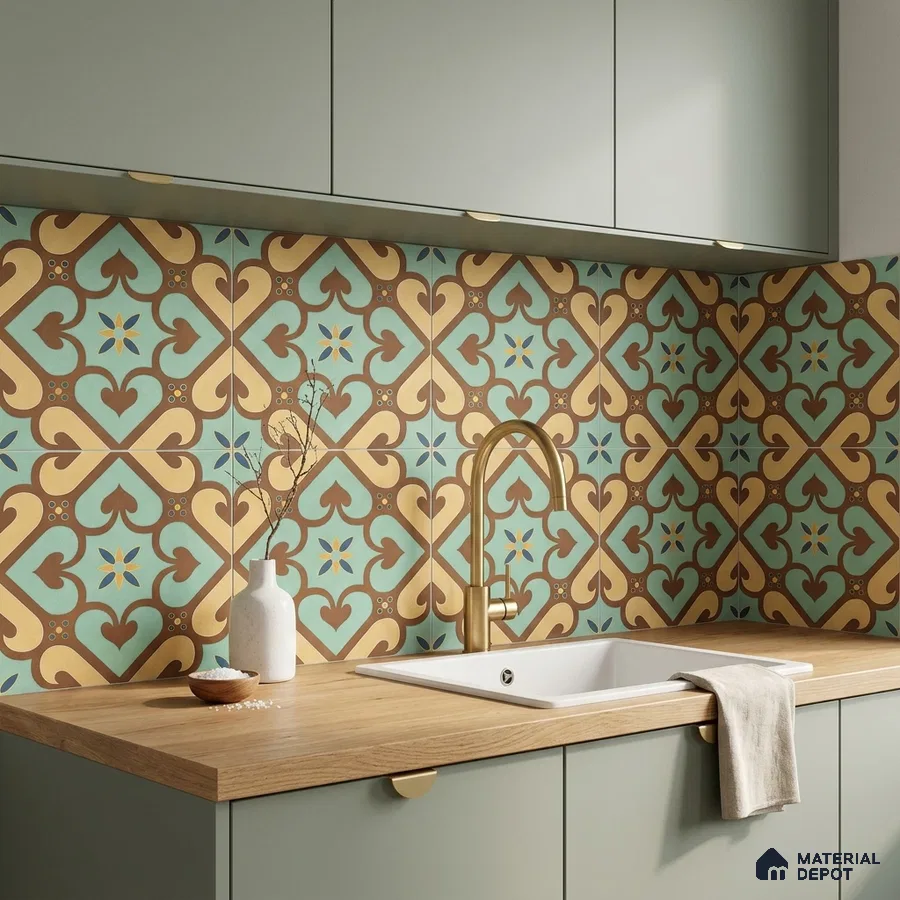 Modern kitchen with sage green laminate cabinets, oak wood countertop, and patterned moroccan backsplash tiles