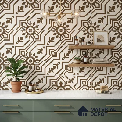 Modern kitchen with sage green laminate cabinets, white quartz countertop, and brown geometric patterned wall tiles