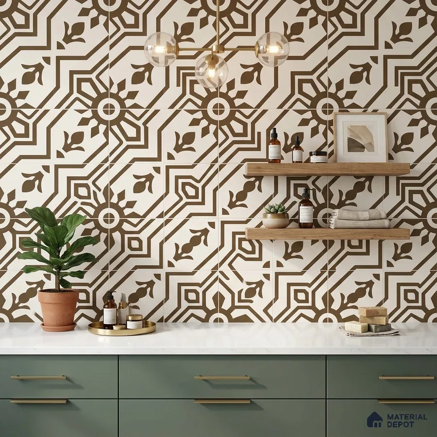 Modern kitchen with sage green laminate cabinets, white quartz countertop, and brown geometric patterned wall tiles