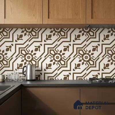 Modern kitchen with oak wood laminate cabinets and brown geometric patterned backsplash tiles