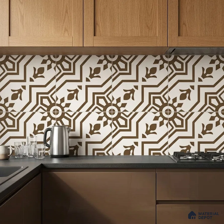 Modern kitchen with oak wood laminate cabinets and brown geometric patterned backsplash tiles