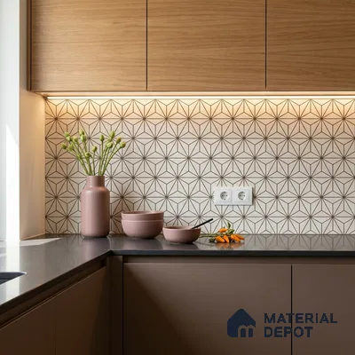 Modern kitchen with taupe laminate cabinets, oak wood laminate shutters, and geometric patterned backsplash tile