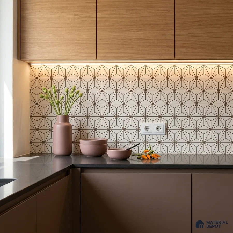 Modern kitchen with taupe laminate cabinets, oak wood laminate shutters, and geometric patterned backsplash tile