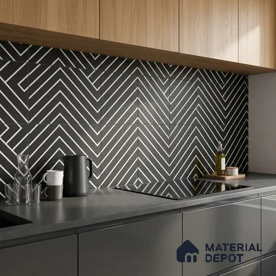 Modern kitchen with oak wood laminate cabinets, matte black base cabinets, and geometric black-and-white backsplash tiles