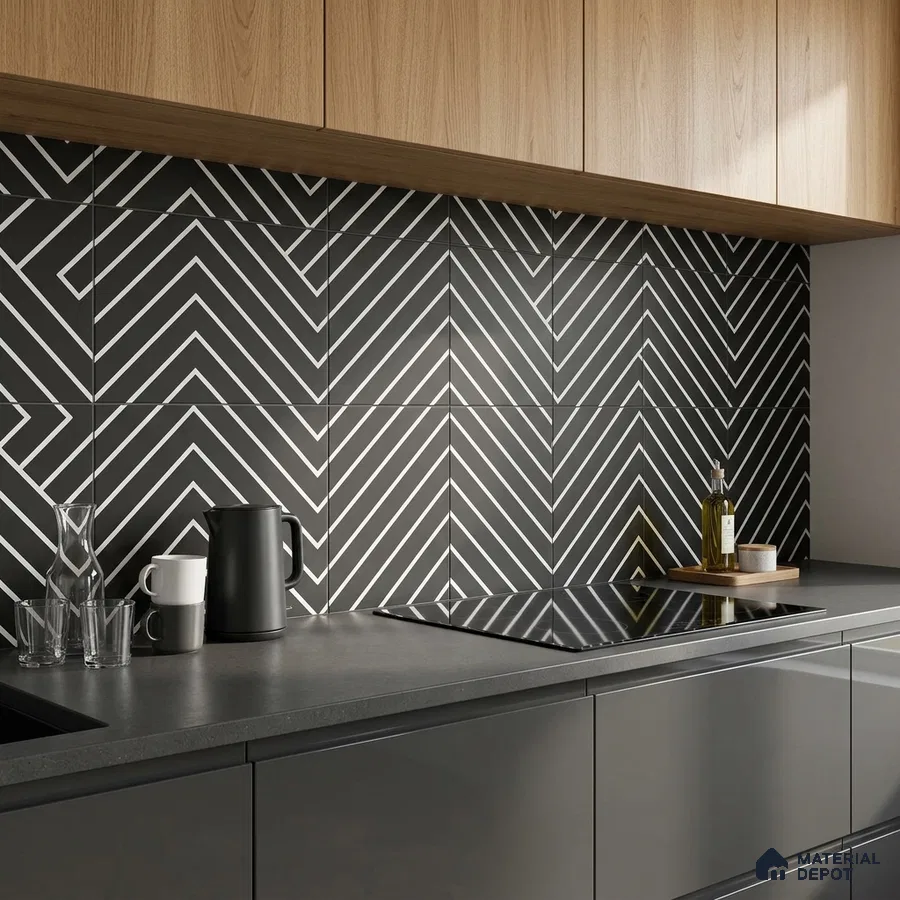 Modern kitchen with oak wood laminate cabinets, matte black base cabinets, and geometric black-and-white backsplash tiles