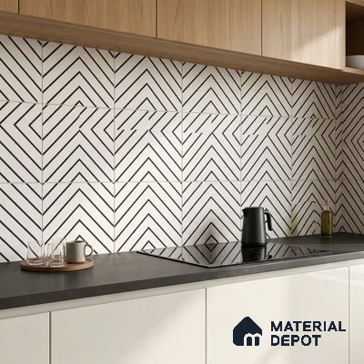 Modern kitchen with geometric black-and-white backsplash tile and oak wood laminate cabinets