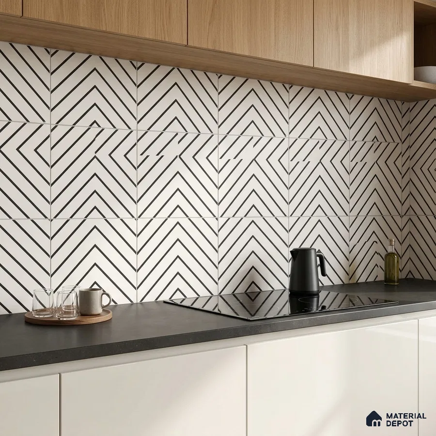 Modern kitchen with geometric black-and-white backsplash tile and oak wood laminate cabinets