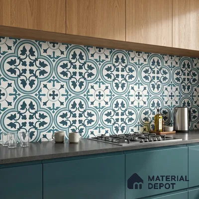 Modern kitchen with teal laminate cabinets, oak wood laminate shutters, and blue moroccan patterned backsplash tiles