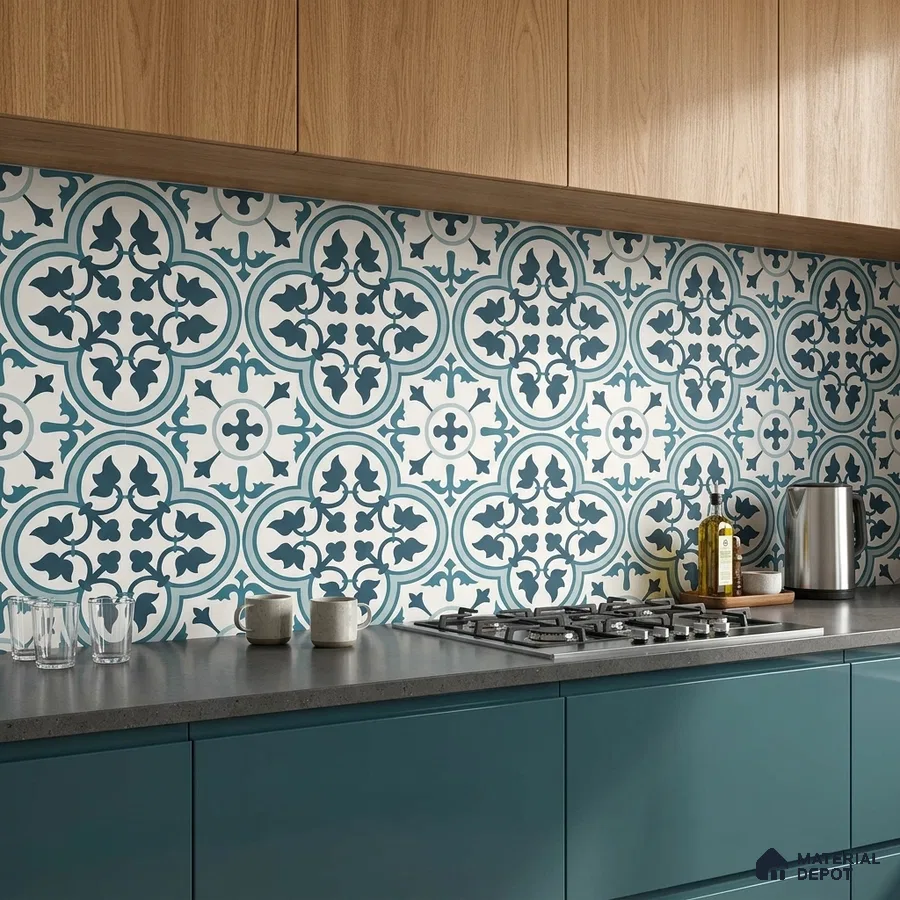 Modern kitchen with teal laminate cabinets, oak wood laminate shutters, and blue moroccan patterned backsplash tiles