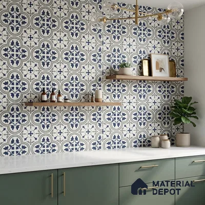 Modern kitchen with sage green laminate cabinets, white quartz countertop, and blue moroccan patterned backsplash tiles