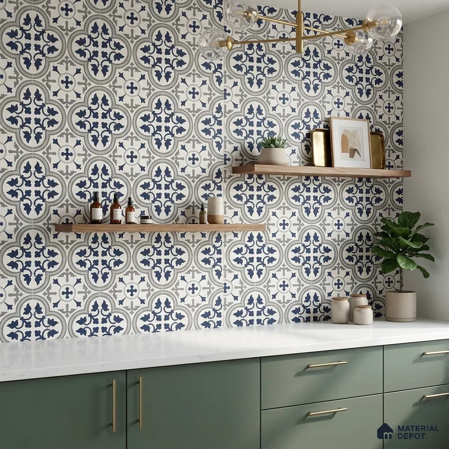 Modern kitchen with sage green laminate cabinets, white quartz countertop, and blue moroccan patterned backsplash tiles