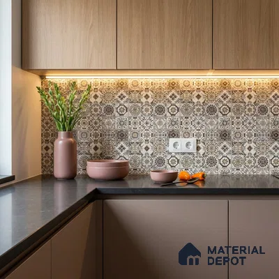 Modern kitchen with patterned moroccan backsplash tile, taupe laminate cabinets, and black quartz countertop