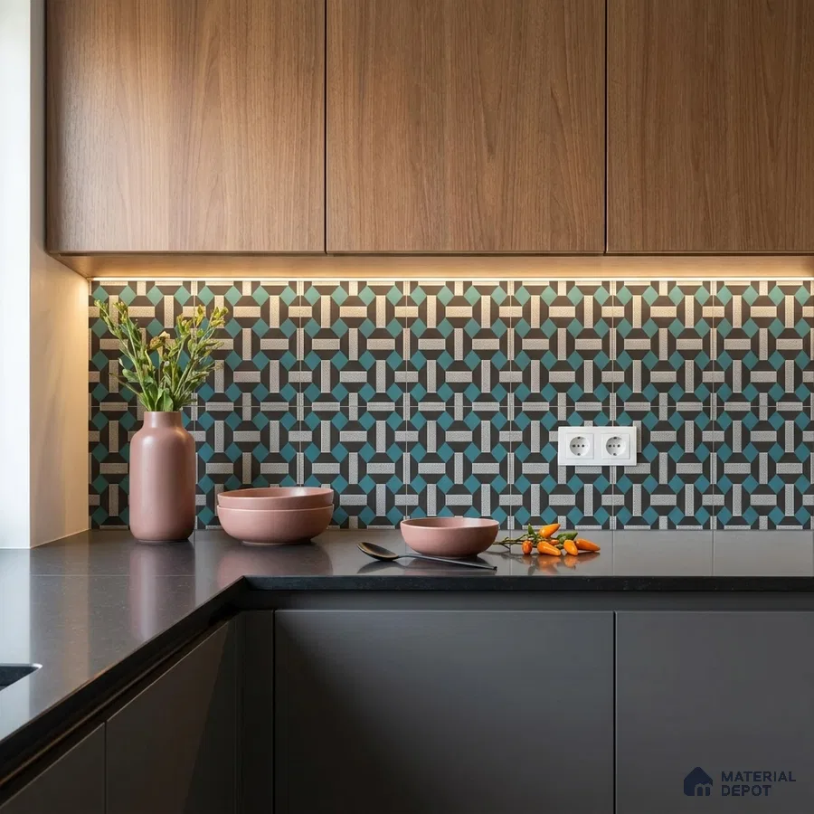 Modern kitchen with walnut laminate cabinets, geometric patterned backsplash tile, and matte black countertop