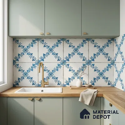 Scandinavian kitchen with pastel green laminate cabinets, oak wood countertop, and blue floral patterned backsplash tiles
