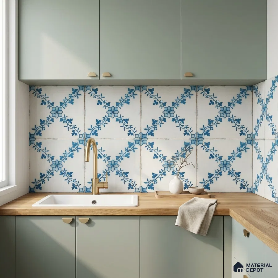 Scandinavian kitchen with pastel green laminate cabinets, oak wood countertop, and blue floral patterned backsplash tiles