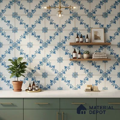 Modern kitchen with blue floral patterned wall tiles, sage green laminate cabinets, and white quartz countertop