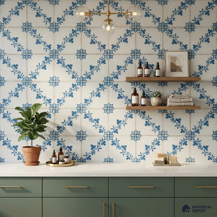 Modern kitchen with blue floral patterned wall tiles, sage green laminate cabinets, and white quartz countertop