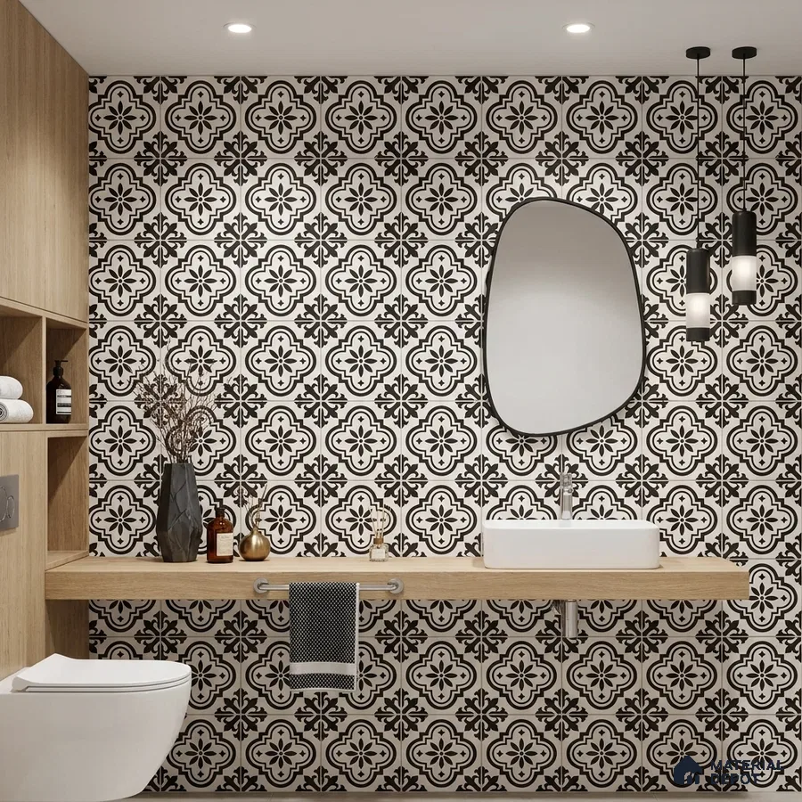 Modern bathroom with black-and-white moroccan patterned wall tiles and light oak laminate vanity