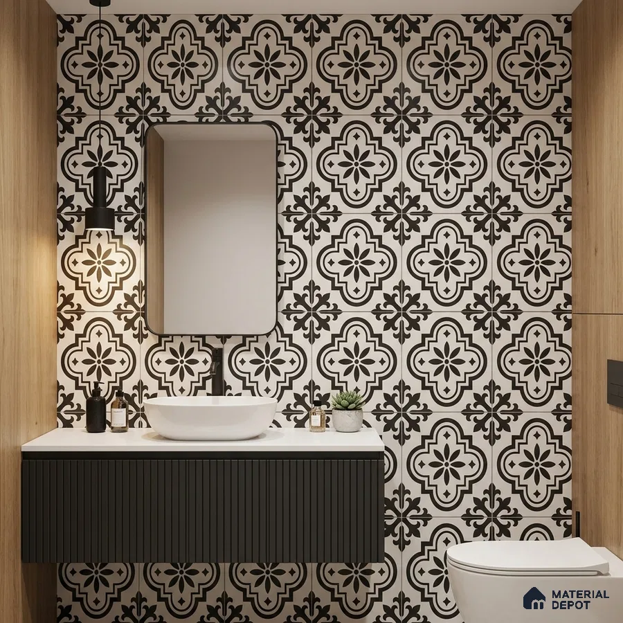 Modern bathroom with black-and-white moroccan patterned wall tiles and fluted black vanity