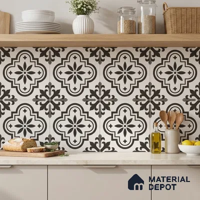 Modern kitchen with black-and-white moroccan patterned backsplash tile and light beige laminate cabinets
