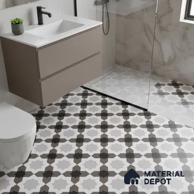 Modern bathroom with taupe floating vanity and black-and-white geometric patterned floor tiles