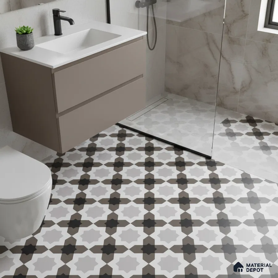 Modern bathroom with taupe floating vanity and black-and-white geometric patterned floor tiles
