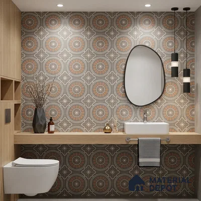 Modern bathroom with geometric patterned wall tiles and light oak laminate vanity