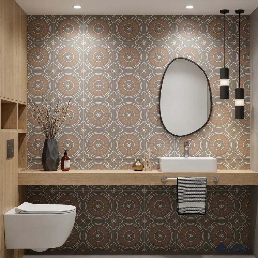 Modern bathroom with geometric patterned wall tiles and light oak laminate vanity