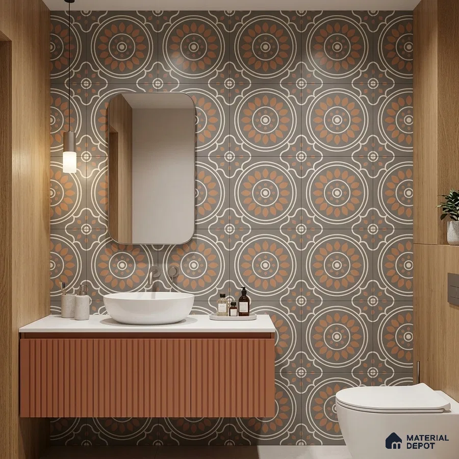 Modern bathroom with terracotta fluted vanity and geometric patterned wall tiles