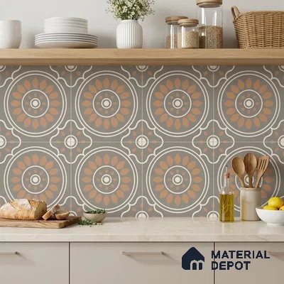 Modern kitchen with beige patterned moroccan backsplash tile and light wood open shelf