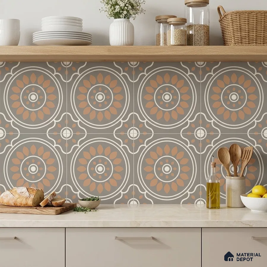 Modern kitchen with beige patterned moroccan backsplash tile and light wood open shelf