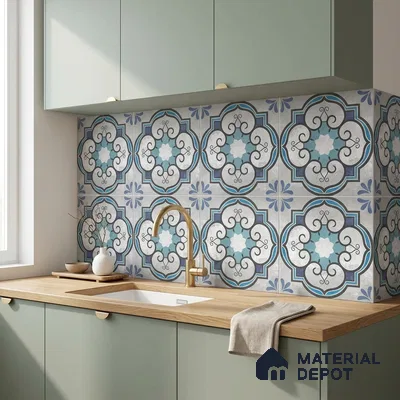 Modern kitchen with sage green laminate cabinets, oak wood countertop, and blue moroccan patterned backsplash tiles