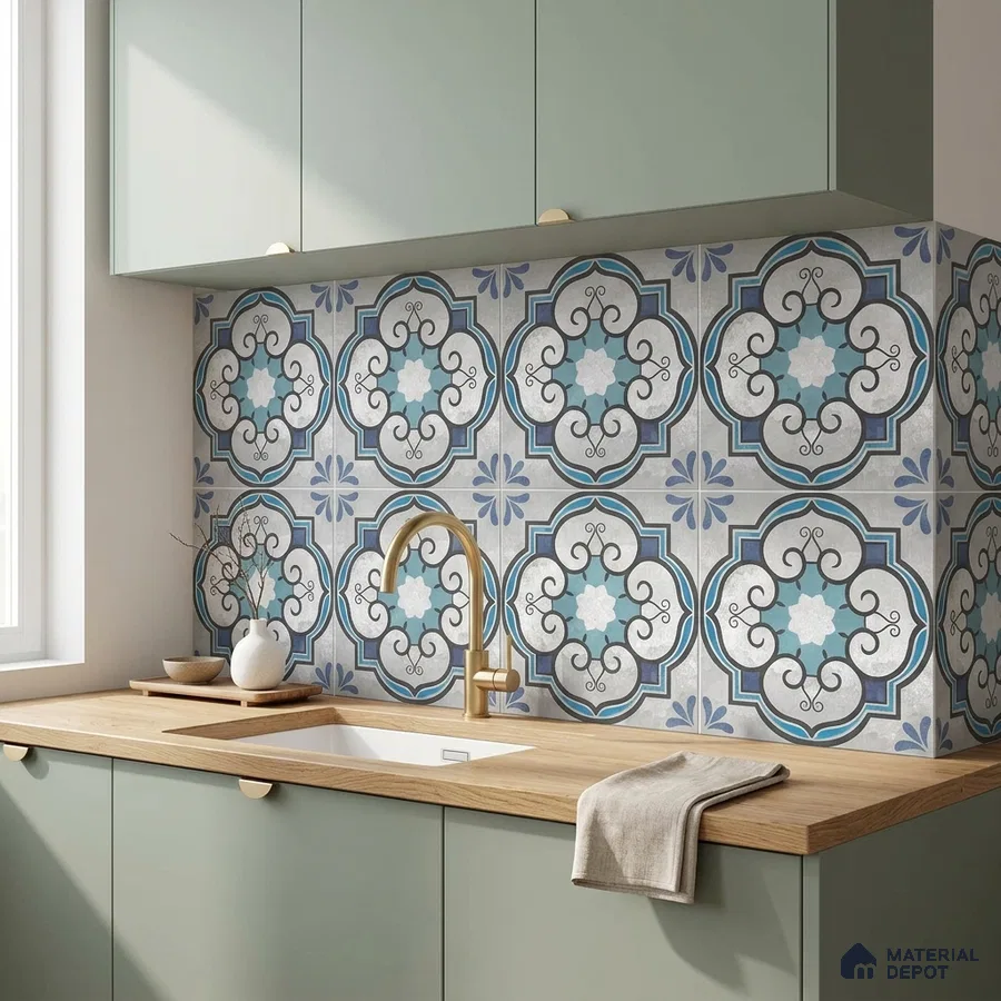 Modern kitchen with sage green laminate cabinets, oak wood countertop, and blue moroccan patterned backsplash tiles
