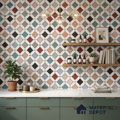 Modern kitchen with sage green laminate cabinets, white quartz countertop, and multicolor geometric patterned wall tiles