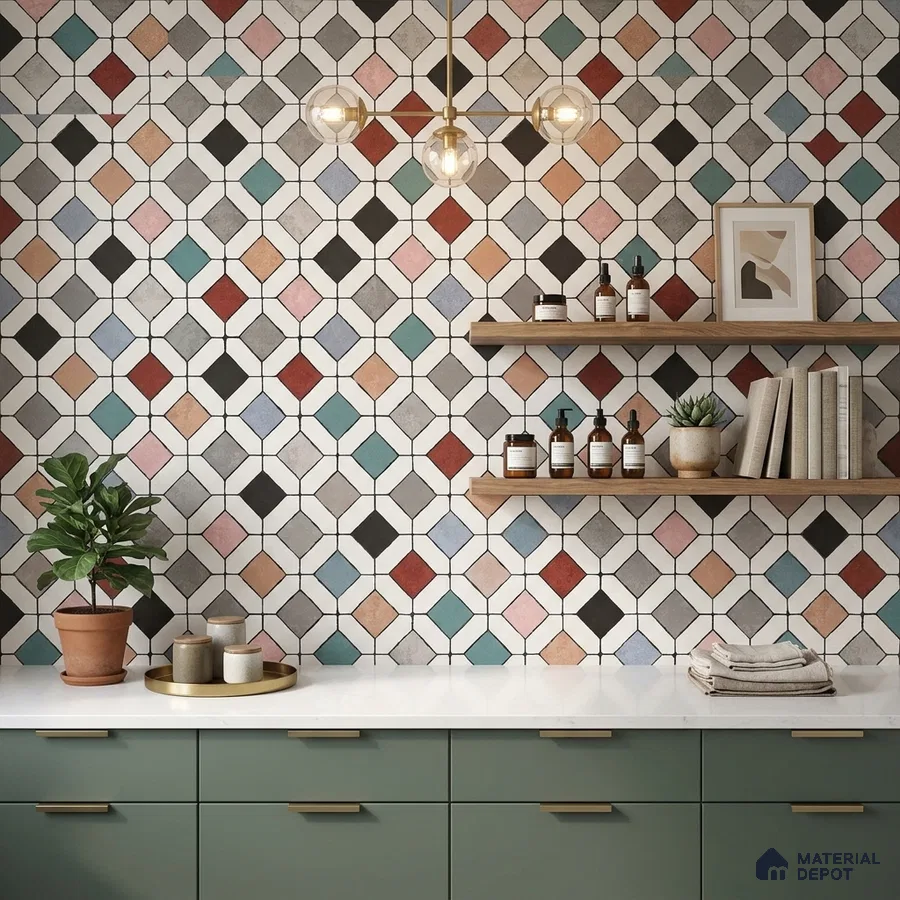 Modern kitchen with sage green laminate cabinets, white quartz countertop, and multicolor geometric patterned wall tiles