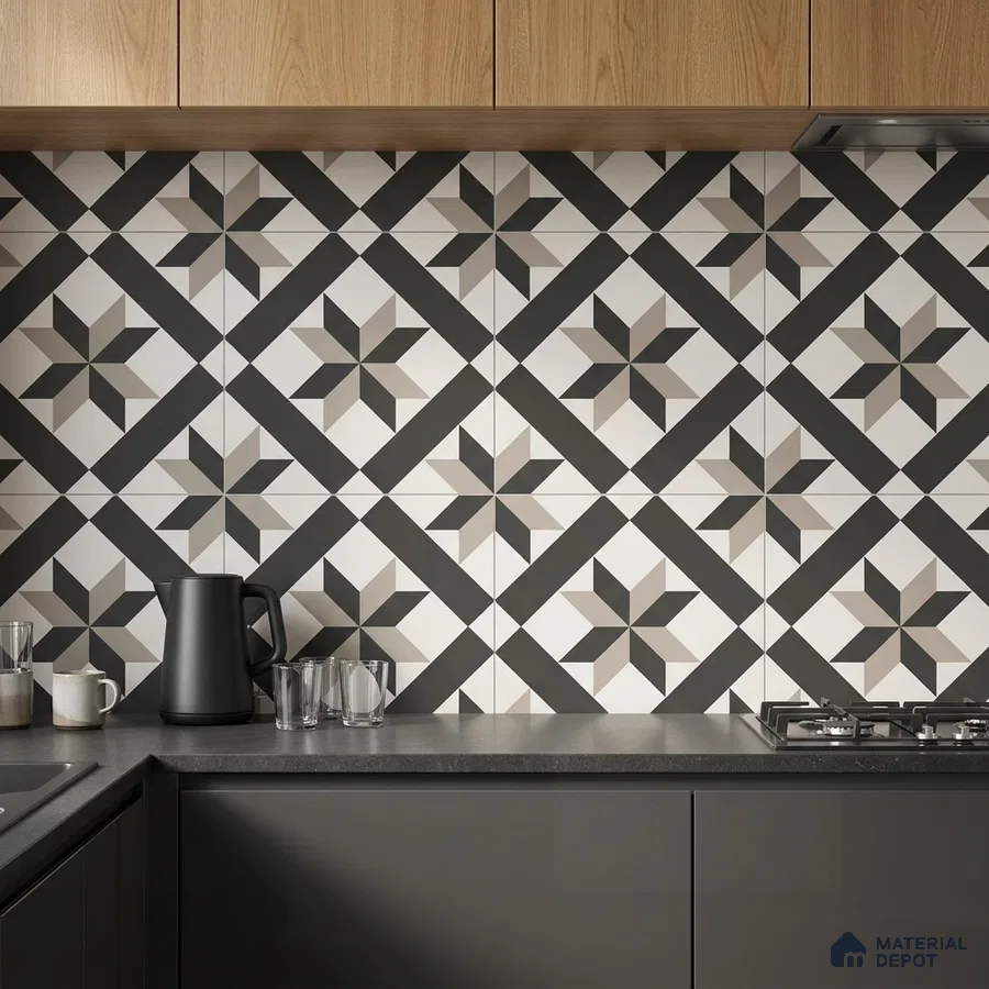 Modern kitchen with geometric patterned backsplash tile, grey countertop, and oak wood laminate cabinets