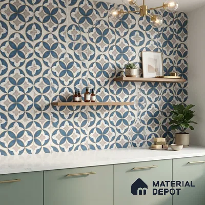 Modern kitchen with blue and beige moroccan patterned wall tiles and sage green laminate cabinets