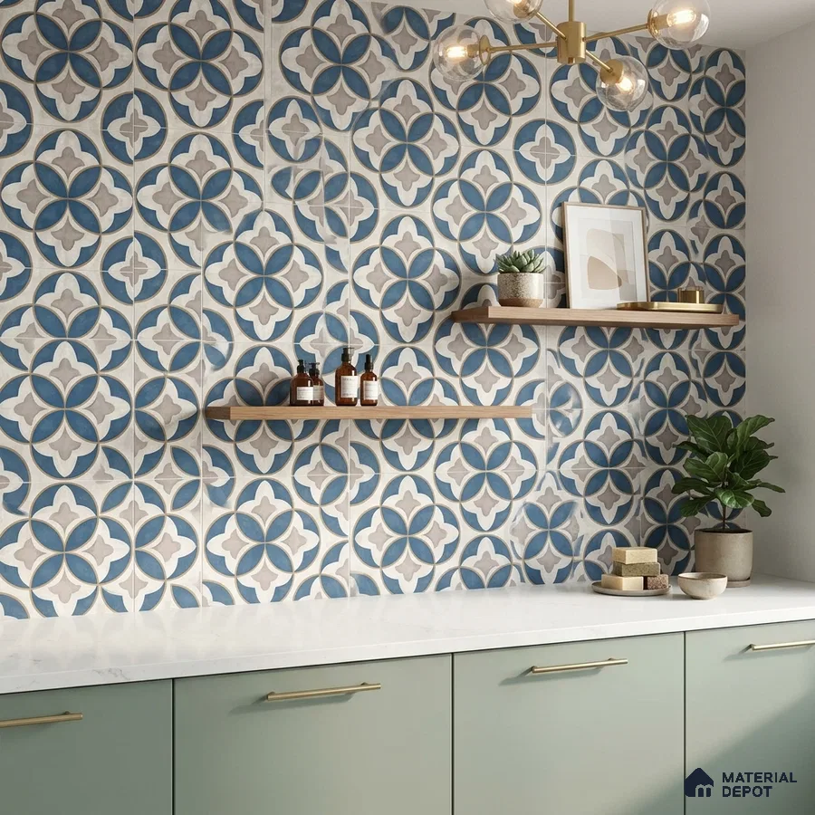 Modern kitchen with blue and beige moroccan patterned wall tiles and sage green laminate cabinets