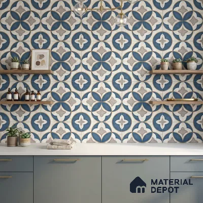 Mediterranean kitchen with blue and beige moroccan wall tiles and matte blue laminate cabinets