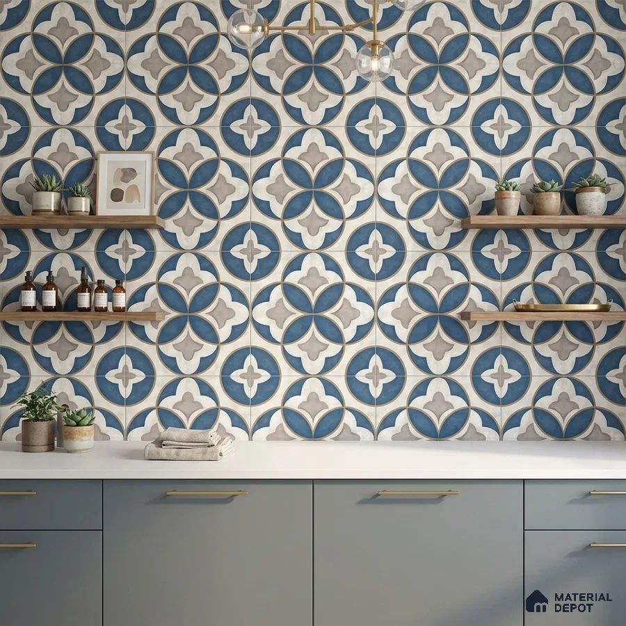 Mediterranean kitchen with blue and beige moroccan wall tiles and matte blue laminate cabinets