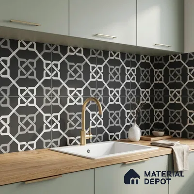 Modern kitchen with geometric black-and-white backsplash tile and light sage laminate cabinets