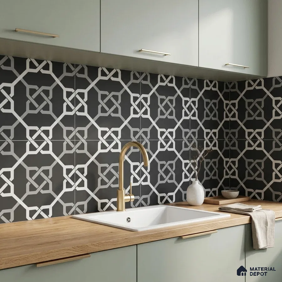 Modern kitchen with geometric black-and-white backsplash tile and light sage laminate cabinets