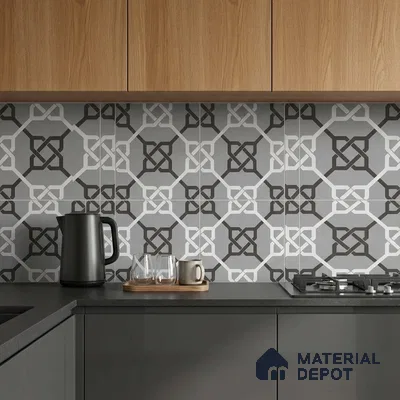 Modern kitchen with geometric patterned backsplash tile, grey quartz countertop, and wood grain laminate cabinets