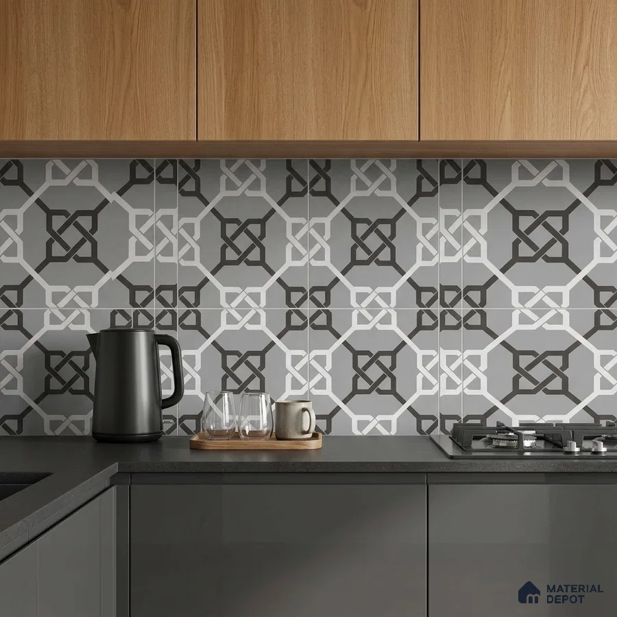 Modern kitchen with geometric patterned backsplash tile, grey quartz countertop, and wood grain laminate cabinets