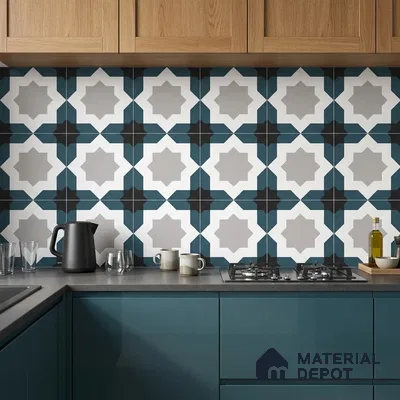 Modern kitchen with teal laminate cabinets, oak wood laminate shutters, and geometric patterned backsplash tiles