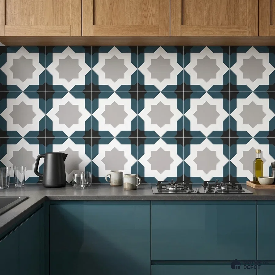 Modern kitchen with teal laminate cabinets, oak wood laminate shutters, and geometric patterned backsplash tiles