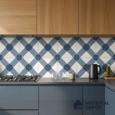 Modern kitchen with blue geometric backsplash tile, oak wood laminate, and matte blue laminate cabinets